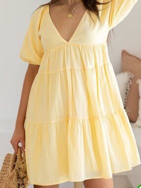 Bright Yellow Puff Sleeve Tiered Mini Dress